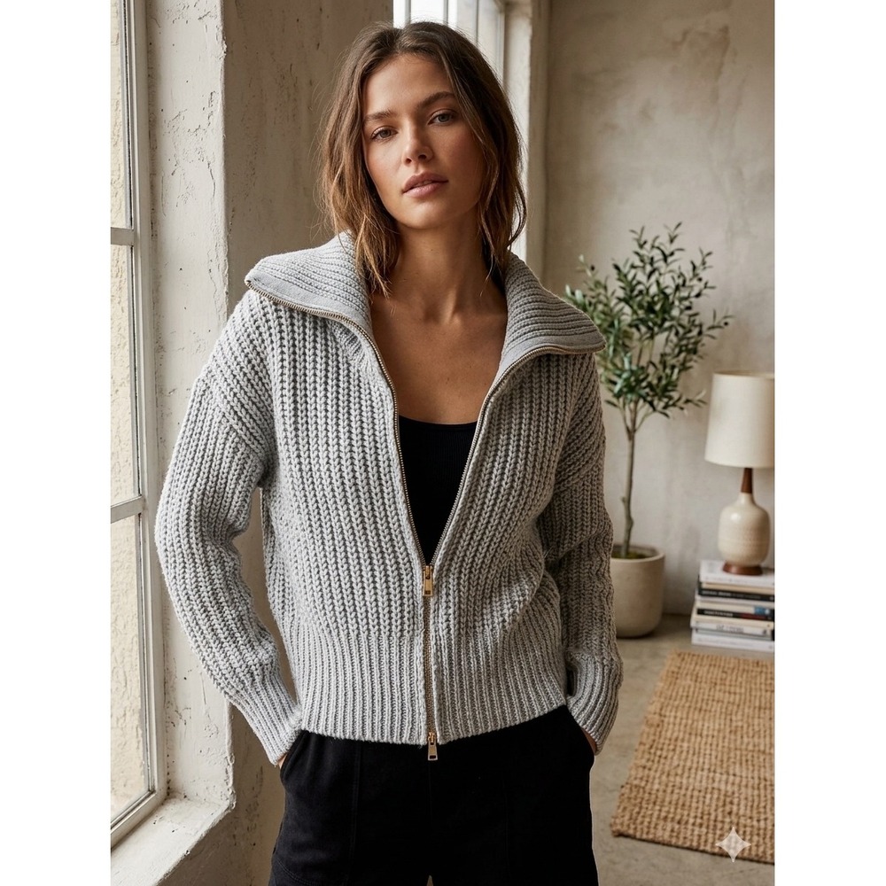 Guess Los Angeles Cozy Gray Chunky Cable Knit Full Zip Cardigan Sweater Large